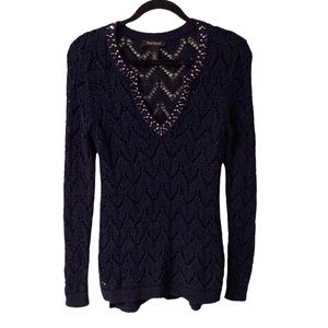 White House Black Market Pullover V-Neck Open Weave Navy Blue Sweater